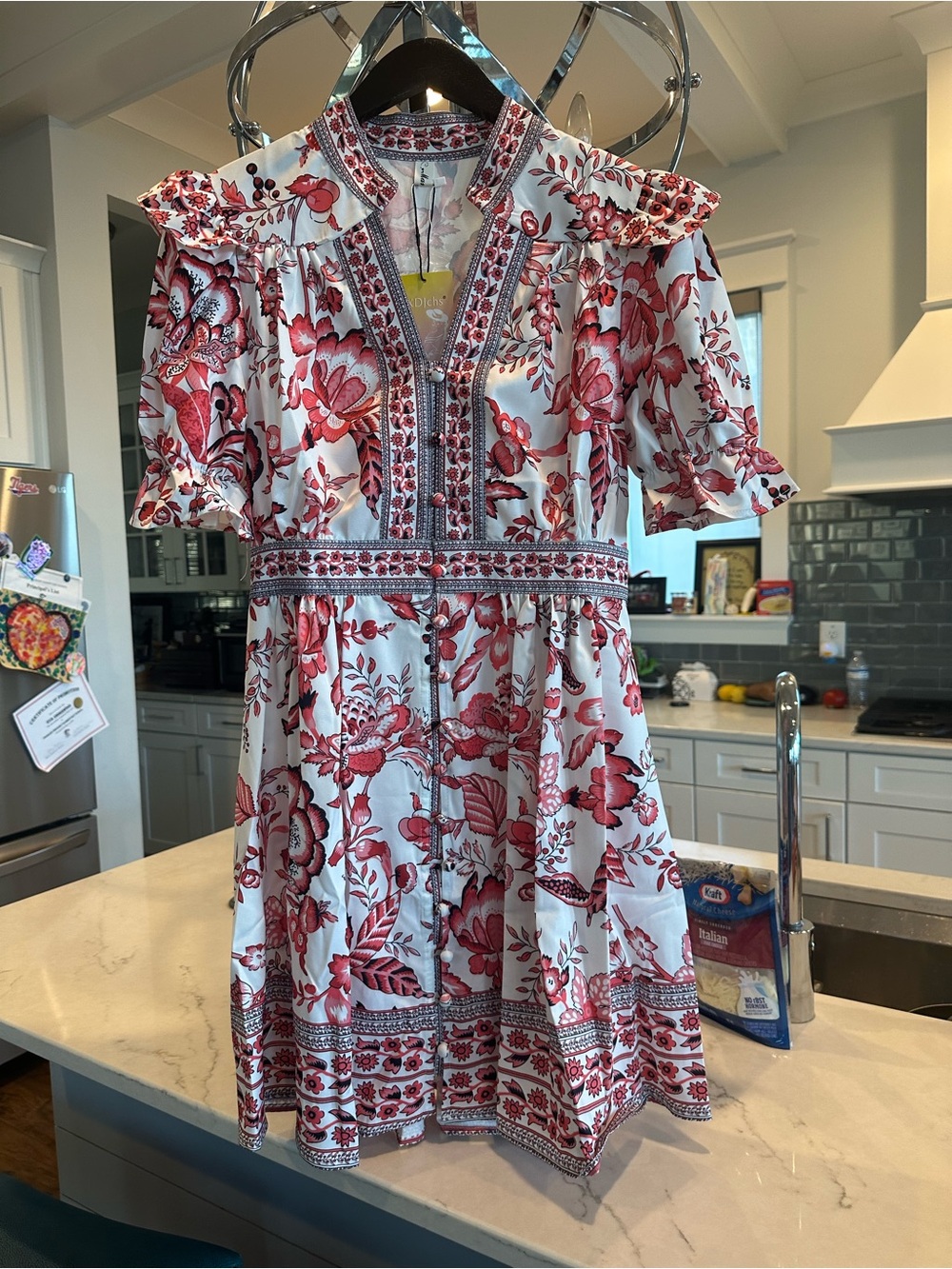 Floral Embroidered Mini Dress in Red and White fits a Small